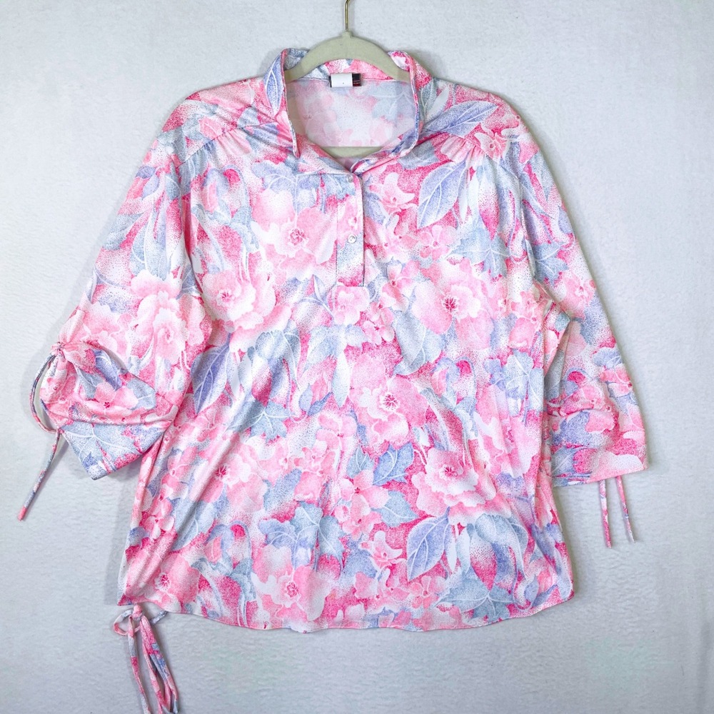 Lind Clare Vintage Floral Blouse Pink Blue Made in USA Size 42 Tie Sleeve Top